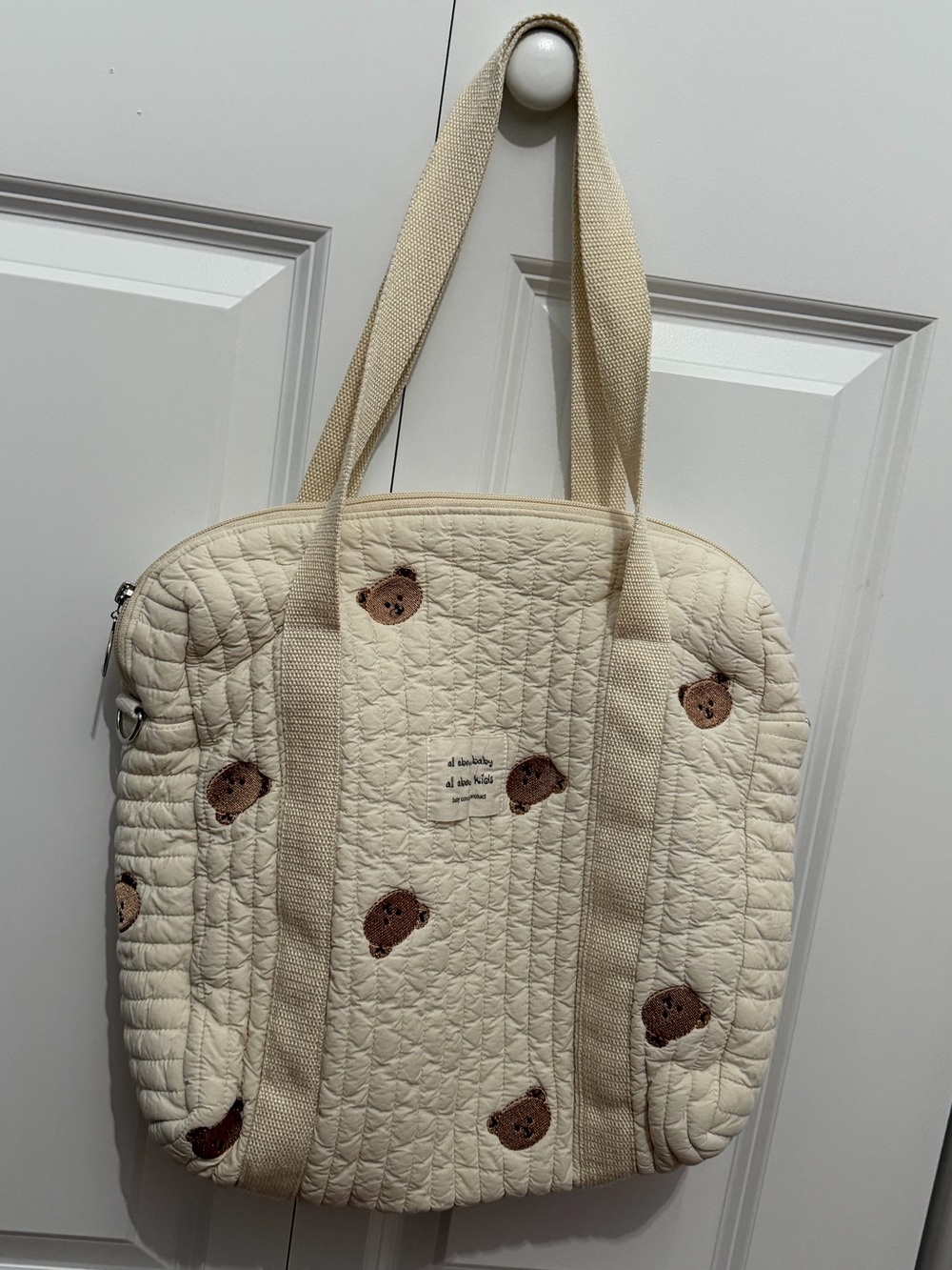 Quilted Cream Tote Bag with Bear Motif